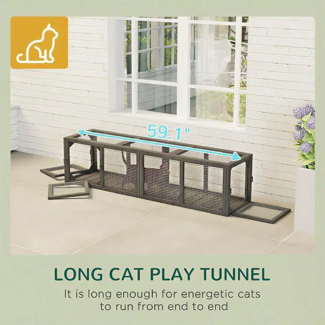 Alt view image 6 of 7 - PawHut Outdoor Cat Tunnel w/Extendable Design 59" L Wooden Cat Run Gray | Weather Protection, Connecting Inside and Outside, for Deck Patios, Balconies