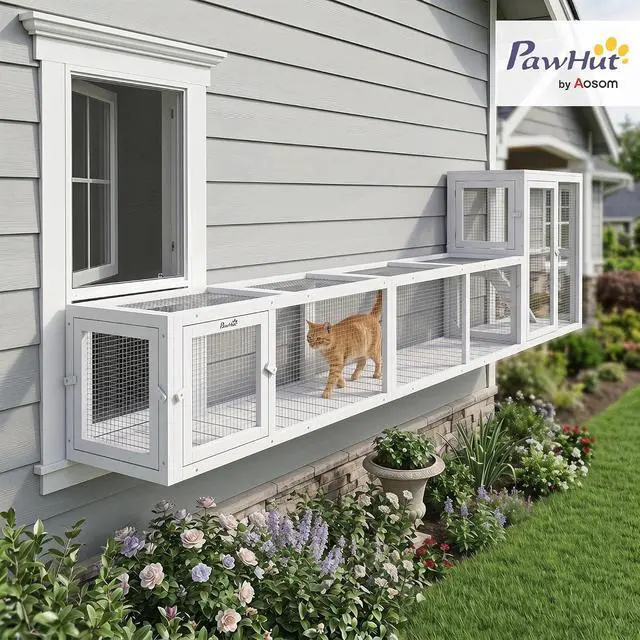 Alt view image 2 of 7 - PawHut Outdoor Cat Tunnel with Extendable Design, 79" L, White | Wooden Cat Run with Weather Protection, Connecting Inside and Outside, for Deck Patios, Balconies