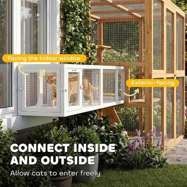 Alt view image 3 of 7 - PawHut Outdoor Cat Tunnel with Extendable Design, 79" L, White | Wooden Cat Run with Weather Protection, Connecting Inside and Outside, for Deck Patios, Balconies