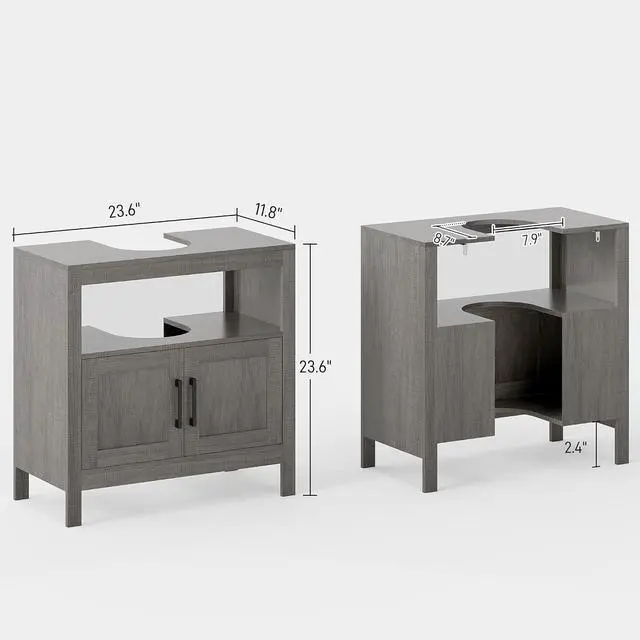 Alt view image 3 of 7 - kleankin Pedestal Sink Storage Cabinet with 2 Doors and Open Shelf, Gray | Bathroom Under Sink Cabinet, Bathroom Vanity
