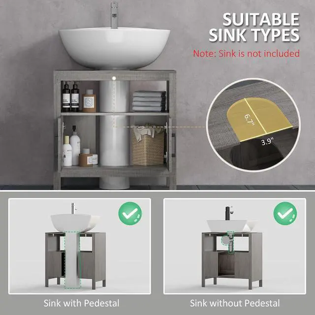 Alt view image 4 of 7 - kleankin Pedestal Sink Storage Cabinet with 2 Doors and Open Shelf, Gray | Bathroom Under Sink Cabinet, Bathroom Vanity
