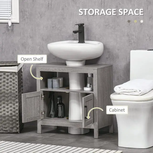 Alt view image 5 of 7 - kleankin Pedestal Sink Storage Cabinet with 2 Doors and Open Shelf, Gray | Bathroom Under Sink Cabinet, Bathroom Vanity
