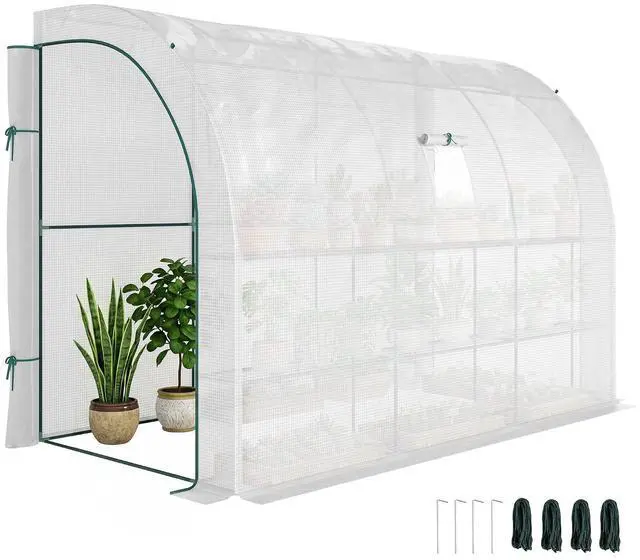 Main image of 10' x 5' x 7' Lean to Greenhouse Walk-in Green House White | Plant Nursery, 2 Roll-up Doors, Windows, PE Cover, 3 Wire Shelves