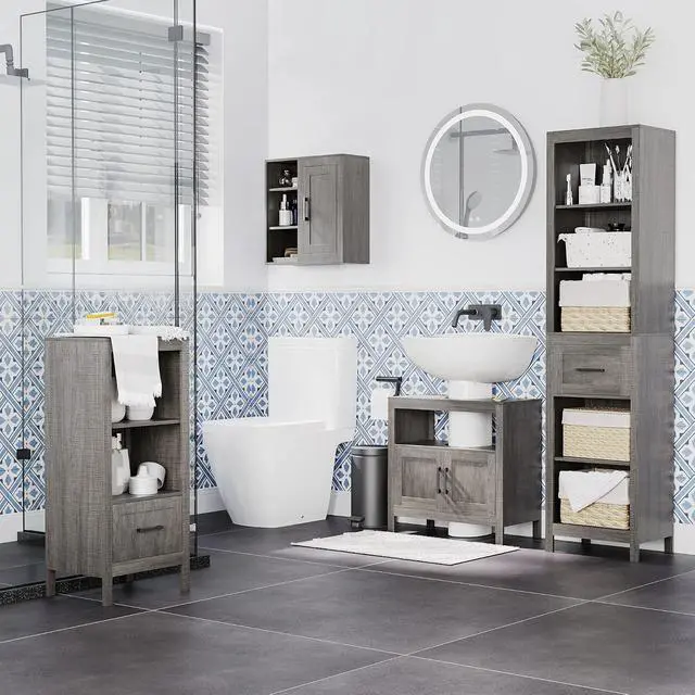 Alt view image 6 of 7 - kleankin Pedestal Sink Storage Cabinet with 2 Doors and Open Shelf, Gray | Bathroom Under Sink Cabinet, Bathroom Vanity
