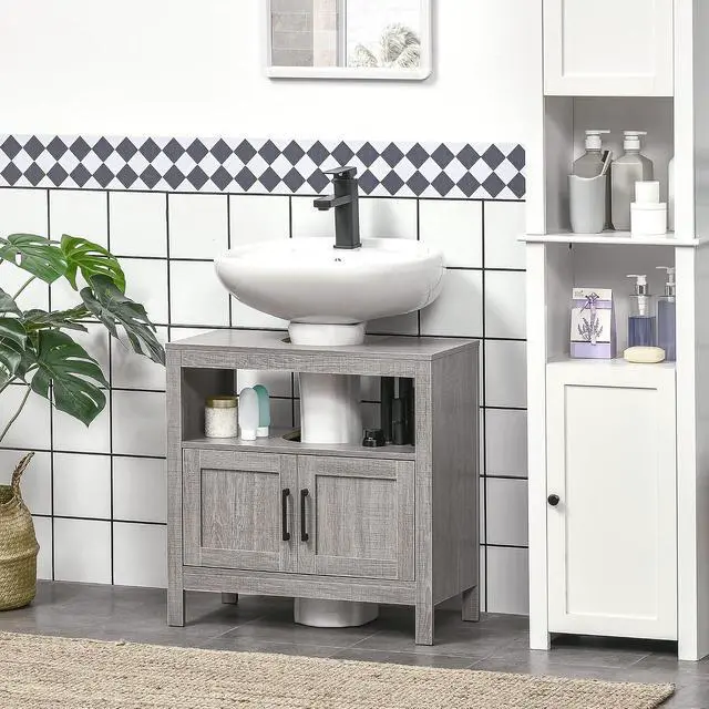 Alt view image 7 of 7 - kleankin Pedestal Sink Storage Cabinet with 2 Doors and Open Shelf, Gray | Bathroom Under Sink Cabinet, Bathroom Vanity