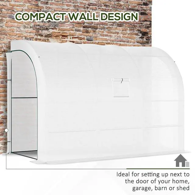 Alt view image 5 of 7 - 10' x 5' x 7' Lean to Greenhouse Walk-in Green House White | Plant Nursery, 2 Roll-up Doors, Windows, PE Cover, 3 Wire Shelves
