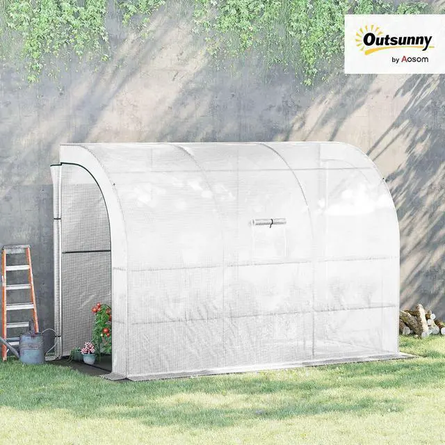 Alt view image 2 of 7 - 10' x 5' x 7' Lean to Greenhouse Walk-in Green House White | Plant Nursery, 2 Roll-up Doors, Windows, PE Cover, 3 Wire Shelves