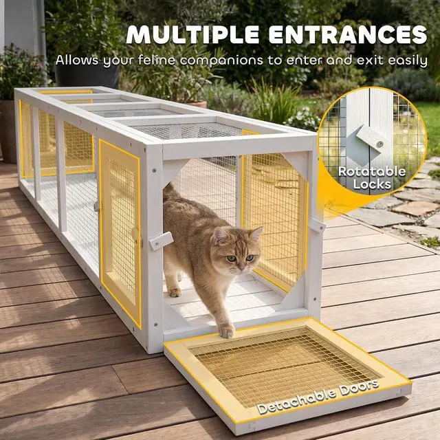 Alt view image 5 of 7 - PawHut Outdoor Cat Tunnel with Extendable Design, 79" L, White | Wooden Cat Run with Weather Protection, Connecting Inside and Outside, for Deck Patios, Balconies