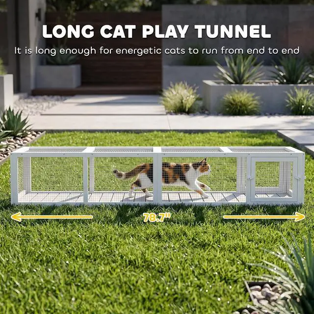 Alt view image 6 of 7 - PawHut Outdoor Cat Tunnel with Extendable Design, 79" L, White | Wooden Cat Run with Weather Protection, Connecting Inside and Outside, for Deck Patios, Balconies
