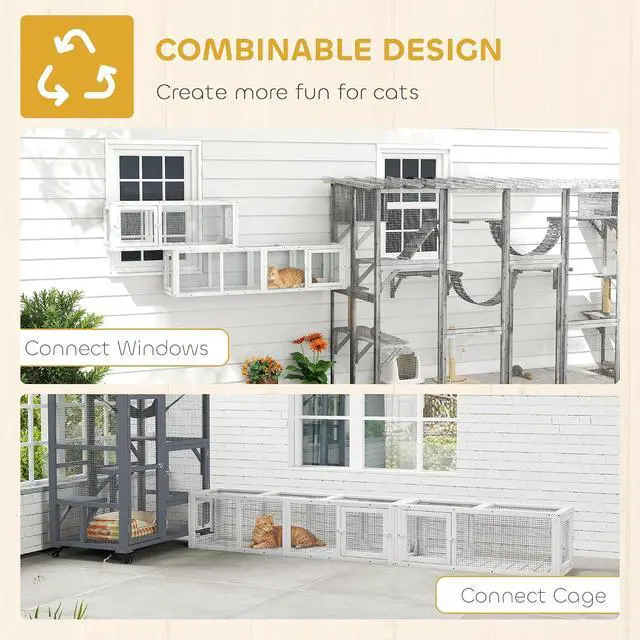 Alt view image 3 of 7 - PawHut Outdoor Cat Tunnel w/Extendable Design 98" L Wooden Cat Run White | Weather Protection, Connecting Inside and Outside, for Deck Patios, Balconies