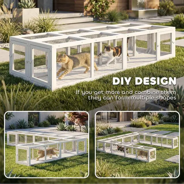 Alt view image 7 of 7 - PawHut Outdoor Cat Tunnel with Extendable Design, 79" L, White | Wooden Cat Run with Weather Protection, Connecting Inside and Outside, for Deck Patios, Balconies