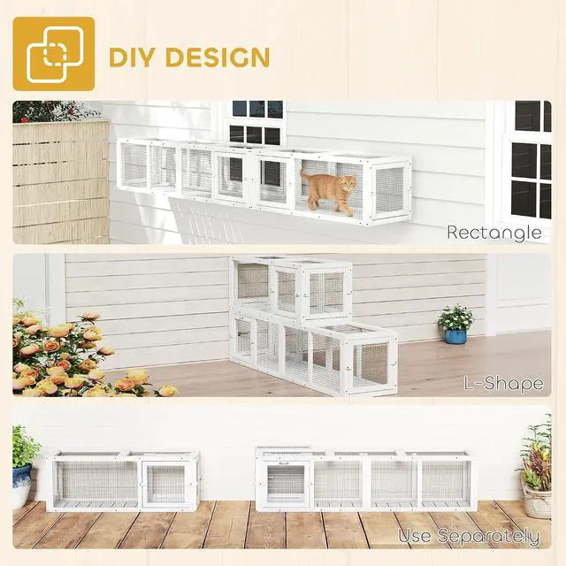Alt view image 4 of 7 - PawHut Outdoor Cat Tunnel w/Extendable Design 98" L Wooden Cat Run White | Weather Protection, Connecting Inside and Outside, for Deck Patios, Balconies
