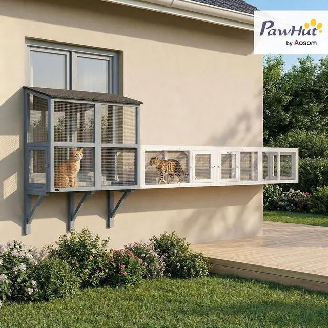 Alt view image 2 of 7 - PawHut Outdoor Cat Tunnel w/Extendable Design 98" L Wooden Cat Run White | Weather Protection, Connecting Inside and Outside, for Deck Patios, Balconies