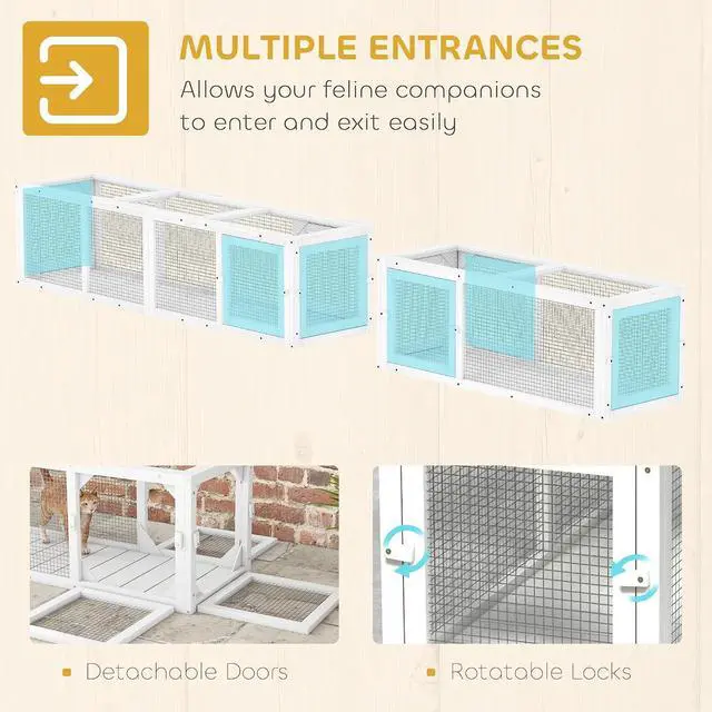 Alt view image 5 of 7 - PawHut Outdoor Cat Tunnel w/Extendable Design 98" L Wooden Cat Run White | Weather Protection, Connecting Inside and Outside, for Deck Patios, Balconies