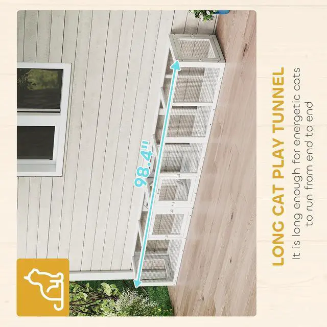 Alt view image 6 of 7 - PawHut Outdoor Cat Tunnel w/Extendable Design 98" L Wooden Cat Run White | Weather Protection, Connecting Inside and Outside, for Deck Patios, Balconies