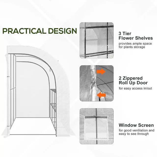 Alt view image 6 of 7 - 10' x 5' x 7' Lean to Greenhouse Walk-in Green House White | Plant Nursery, 2 Roll-up Doors, Windows, PE Cover, 3 Wire Shelves