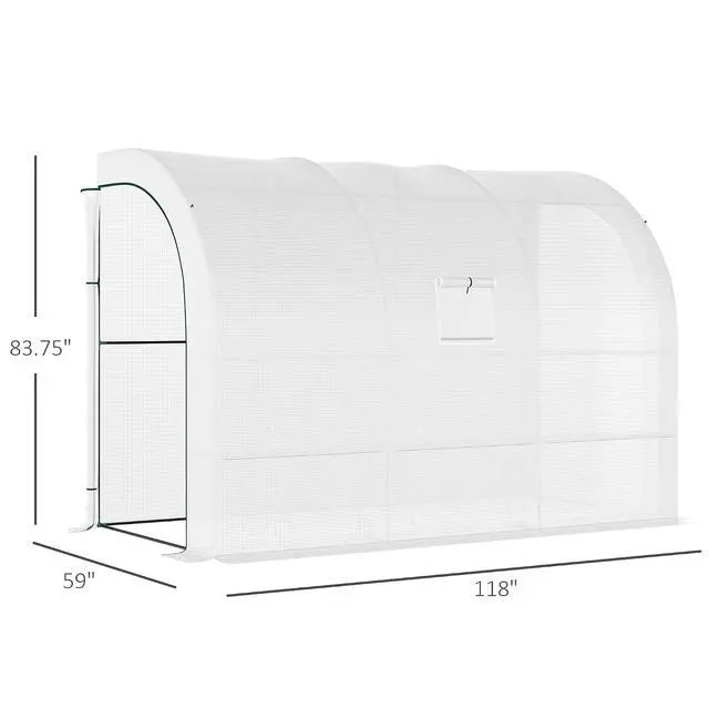 Alt view image 7 of 7 - 10' x 5' x 7' Lean to Greenhouse Walk-in Green House White | Plant Nursery, 2 Roll-up Doors, Windows, PE Cover, 3 Wire Shelves