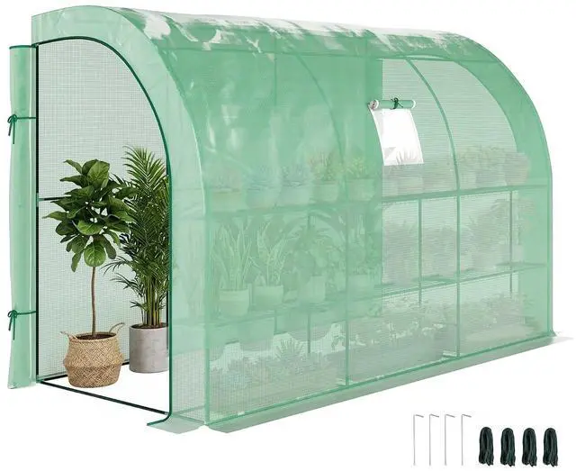 Main image of 10' x 5' x 7' Lean to Greenhouse Walk-in Green House Green | Plant Nursery, 2 Roll-up Doors, Windows, PE Cover, 3 Wire Shelves