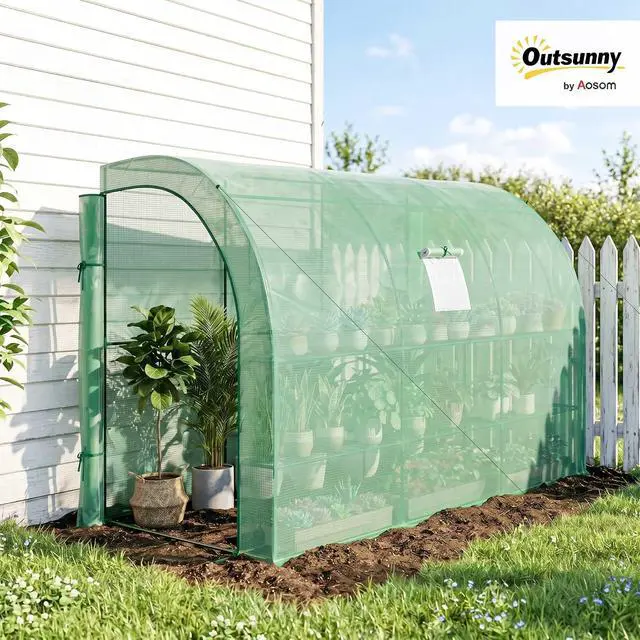 Alt view image 2 of 7 - 10' x 5' x 7' Lean to Greenhouse Walk-in Green House Green | Plant Nursery, 2 Roll-up Doors, Windows, PE Cover, 3 Wire Shelves
