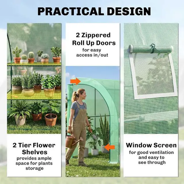 Alt view image 4 of 7 - 10' x 5' x 7' Lean to Greenhouse Walk-in Green House Green | Plant Nursery, 2 Roll-up Doors, Windows, PE Cover, 3 Wire Shelves