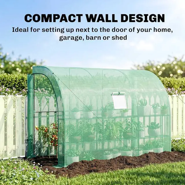 Alt view image 6 of 7 - 10' x 5' x 7' Lean to Greenhouse Walk-in Green House Green | Plant Nursery, 2 Roll-up Doors, Windows, PE Cover, 3 Wire Shelves