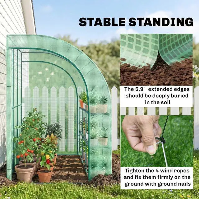 Alt view image 5 of 7 - 10' x 5' x 7' Lean to Greenhouse Walk-in Green House Green | Plant Nursery, 2 Roll-up Doors, Windows, PE Cover, 3 Wire Shelves