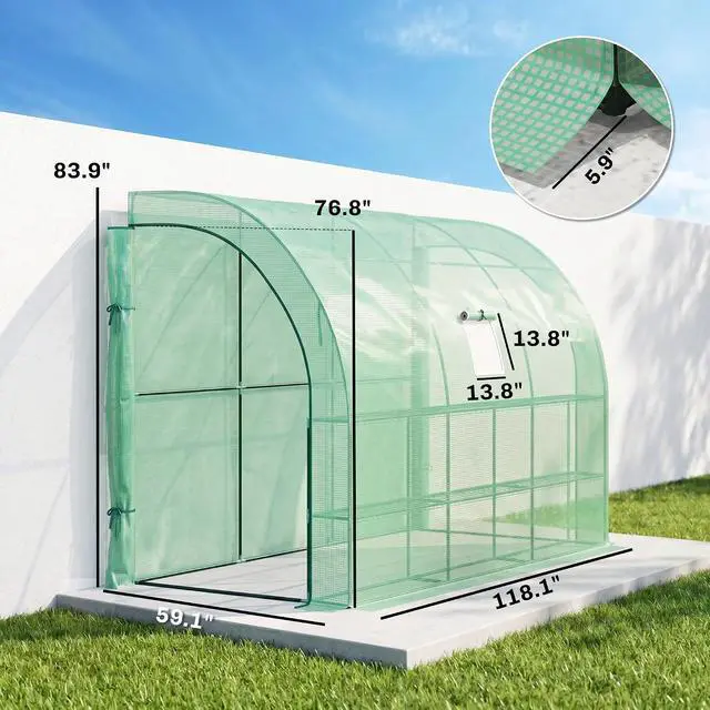 Alt view image 7 of 7 - 10' x 5' x 7' Lean to Greenhouse Walk-in Green House Green | Plant Nursery, 2 Roll-up Doors, Windows, PE Cover, 3 Wire Shelves