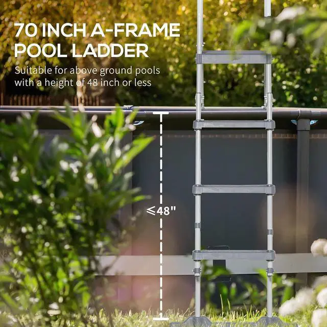 Alt view image 3 of 7 - 70" Above Ground Swimming Pool Ladder for 48" Wall Height Gray | A-Frame Deck Ladder, Top Platform, Non-slip Steps, Rounded Handrails