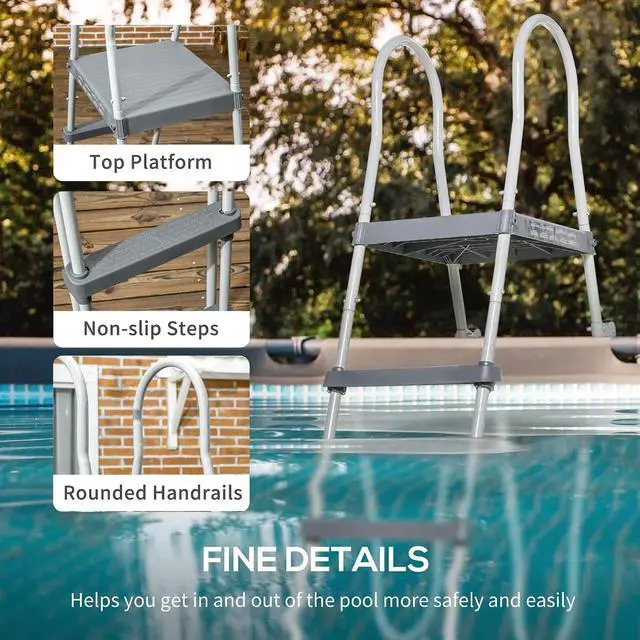 Alt view image 4 of 7 - 70" Above Ground Swimming Pool Ladder for 48" Wall Height Gray | A-Frame Deck Ladder, Top Platform, Non-slip Steps, Rounded Handrails