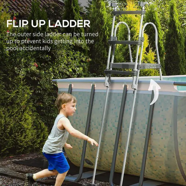 Alt view image 5 of 7 - 70" Above Ground Swimming Pool Ladder for 48" Wall Height Gray | A-Frame Deck Ladder, Top Platform, Non-slip Steps, Rounded Handrails