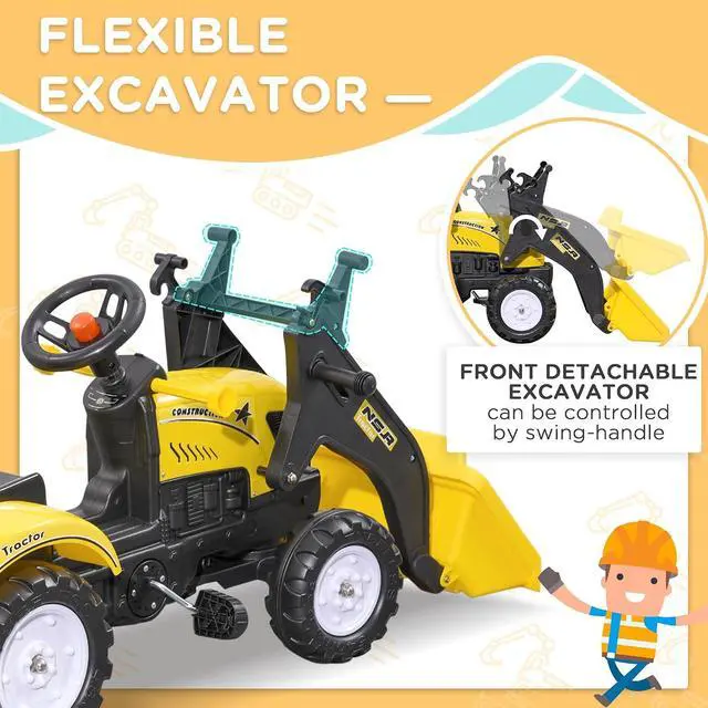 Alt view image 3 of 7 - Kids Ride-On Excavator Pedal Car Bulldozer, 6 Wheels, Cargo Trailer | Move Forward/Back, Real Working Dirt Bucket