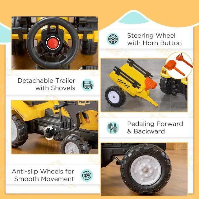 Alt view image 4 of 7 - Kids Ride-On Excavator Pedal Car Bulldozer, 6 Wheels, Cargo Trailer | Move Forward/Back, Real Working Dirt Bucket