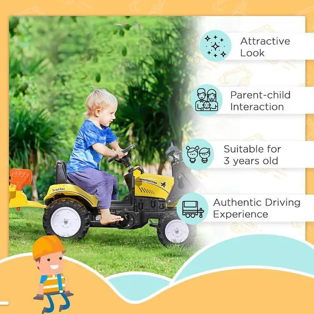 Alt view image 6 of 7 - Kids Ride-On Excavator Pedal Car Bulldozer, 6 Wheels, Cargo Trailer | Move Forward/Back, Real Working Dirt Bucket