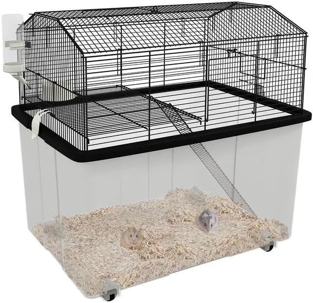 Main image of PawHut Hamster Cage with Wheels for Dwarf Hamster 57 x 43 x 57cm Black | Gerbil Cage, 2 Tier Design, Deep Bottom, Ramp, Food Dish, Water Bottle