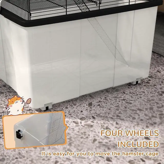 Alt view image 4 of 7 - PawHut Hamster Cage with Wheels for Dwarf Hamster 57 x 43 x 57cm Black | Gerbil Cage, 2 Tier Design, Deep Bottom, Ramp, Food Dish, Water Bottle