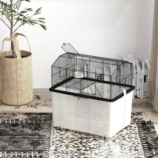 Alt view image 2 of 7 - PawHut Hamster Cage with Wheels for Dwarf Hamster 57 x 43 x 57cm Black | Gerbil Cage, 2 Tier Design, Deep Bottom, Ramp, Food Dish, Water Bottle
