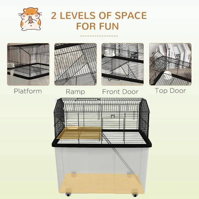 Alt view image 3 of 7 - PawHut Hamster Cage with Wheels for Dwarf Hamster 57 x 43 x 57cm Black | Gerbil Cage, 2 Tier Design, Deep Bottom, Ramp, Food Dish, Water Bottle