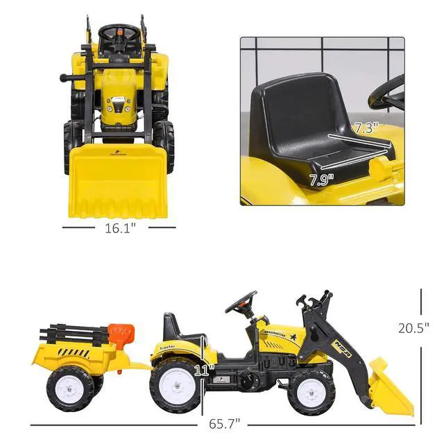 Alt view image 7 of 7 - Kids Ride-On Excavator Pedal Car Bulldozer, 6 Wheels, Cargo Trailer | Move Forward/Back, Real Working Dirt Bucket