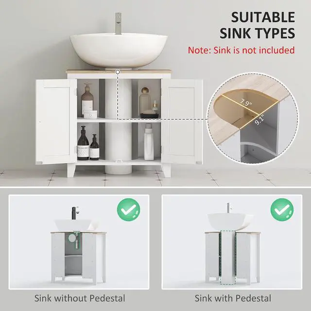 Alt view image 4 of 7 - kleankin Pedestal Sink Storage Cabinet Under Sink Cabinet U-Shape White | Adjustable Internal Shelf
