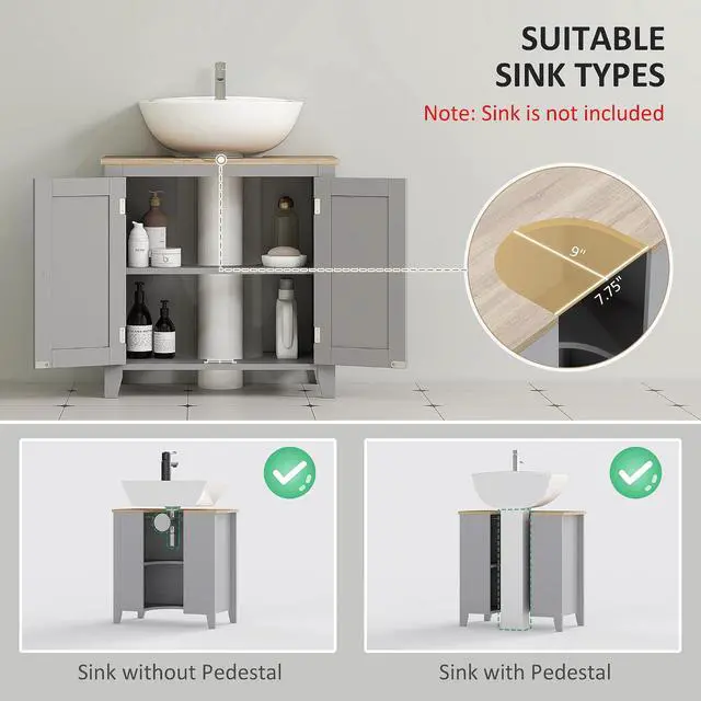 Alt view image 4 of 7 - kleankin Pedestal Sink Storage Cabinet, Under Sink Cabinet with U-Shape and Adjustable Internal Shelf, Gray