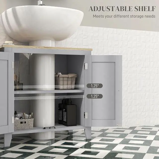 Alt view image 6 of 7 - kleankin Pedestal Sink Storage Cabinet, Under Sink Cabinet with U-Shape and Adjustable Internal Shelf, Gray