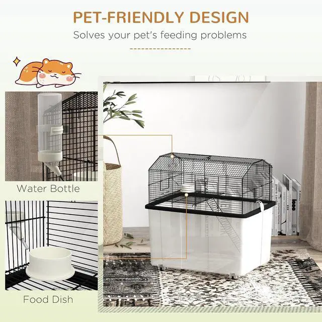 Alt view image 5 of 7 - PawHut Hamster Cage with Wheels for Dwarf Hamster 57 x 43 x 57cm Black | Gerbil Cage, 2 Tier Design, Deep Bottom, Ramp, Food Dish, Water Bottle