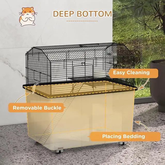 Alt view image 6 of 7 - PawHut Hamster Cage with Wheels for Dwarf Hamster 57 x 43 x 57cm Black | Gerbil Cage, 2 Tier Design, Deep Bottom, Ramp, Food Dish, Water Bottle