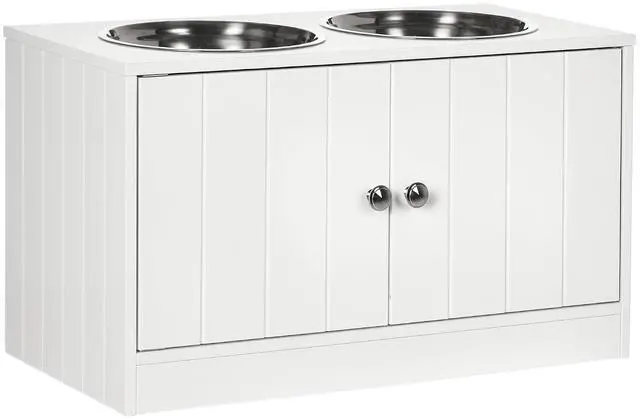 Main image of PawHut Large Elevated Dog Bowls with Storage Cabinet Containing Large 44L Capacity, Raised Dog Bowl Stand Pet Food Bowl Pet Feeding Station, White | Raised Dog Bowl Stand, Pet Feeding Station