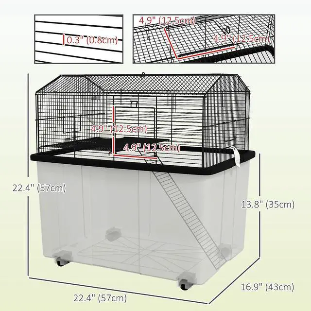 Alt view image 7 of 7 - PawHut Hamster Cage with Wheels for Dwarf Hamster 57 x 43 x 57cm Black | Gerbil Cage, 2 Tier Design, Deep Bottom, Ramp, Food Dish, Water Bottle