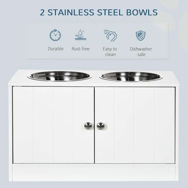 Alt view image 3 of 7 - PawHut Large Elevated Dog Bowls with Storage Cabinet Containing Large 44L Capacity, Raised Dog Bowl Stand Pet Food Bowl Pet Feeding Station, White | Raised Dog Bowl Stand, Pet Feeding Station