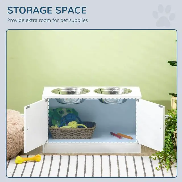 Alt view image 4 of 7 - PawHut Large Elevated Dog Bowls with Storage Cabinet Containing Large 44L Capacity, Raised Dog Bowl Stand Pet Food Bowl Pet Feeding Station, White | Raised Dog Bowl Stand, Pet Feeding Station
