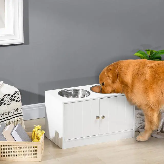 Alt view image 2 of 7 - PawHut Large Elevated Dog Bowls with Storage Cabinet Containing Large 44L Capacity, Raised Dog Bowl Stand Pet Food Bowl Pet Feeding Station, White | Raised Dog Bowl Stand, Pet Feeding Station