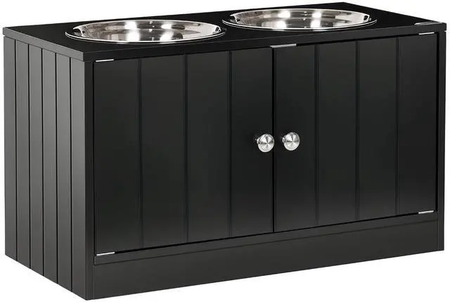 Main image of PawHut Large Elevated Dog Bowls with Storage Cabinet 44L Capacity Black | Raised Dog Bowl Stand, Pet Feeding Station