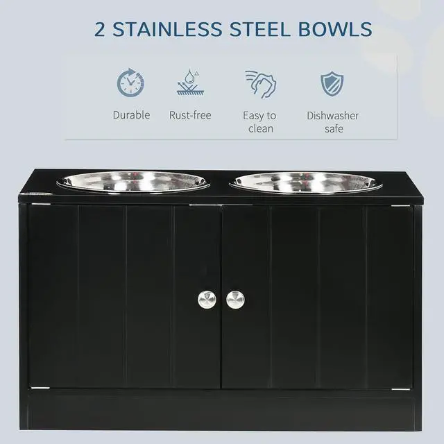 Alt view image 3 of 7 - PawHut Large Elevated Dog Bowls with Storage Cabinet 44L Capacity Black | Raised Dog Bowl Stand, Pet Feeding Station
